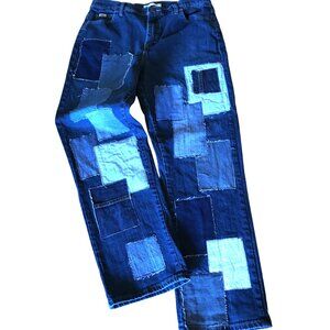 Boho Patchwork Jeans, Size 12: Upcycled Distressed Denim on Denim Hippie Pants